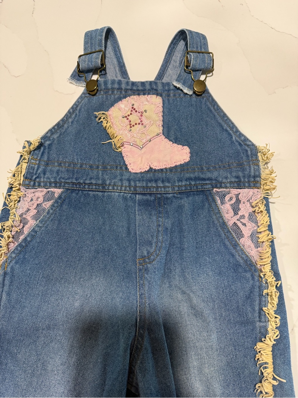 VINTAGE Denim Kids Overalls with Pink Boot Patch